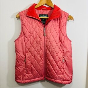 LL Bean Womens Quilted Fleece Lined Vest Coral Pink Diamond Stitch Small
